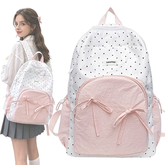 Polka Dot Backpack with Bow – y2k backpack Cute Retro Aesthetic Bag for Women Teens, Lightweight Laptop Backpack for School, College, Travel, Mochila Escolar con Lunares 16.5 Inch