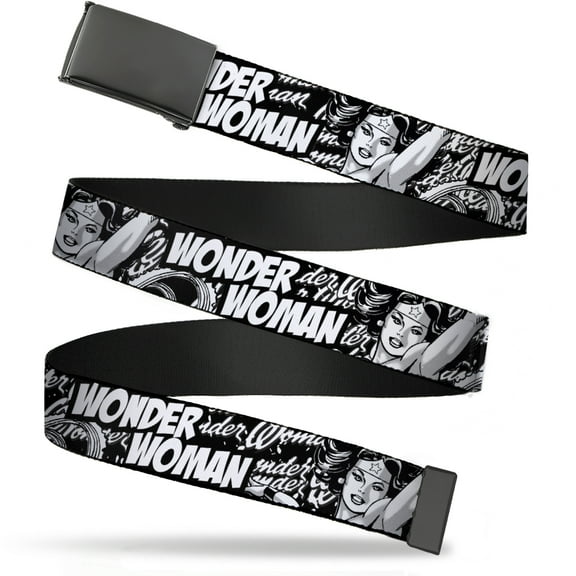 Adjustable Belt, Clamp Buckle, Cut-to-Fit, Wonder Woman Action Pose Text Collage Black White Grays
