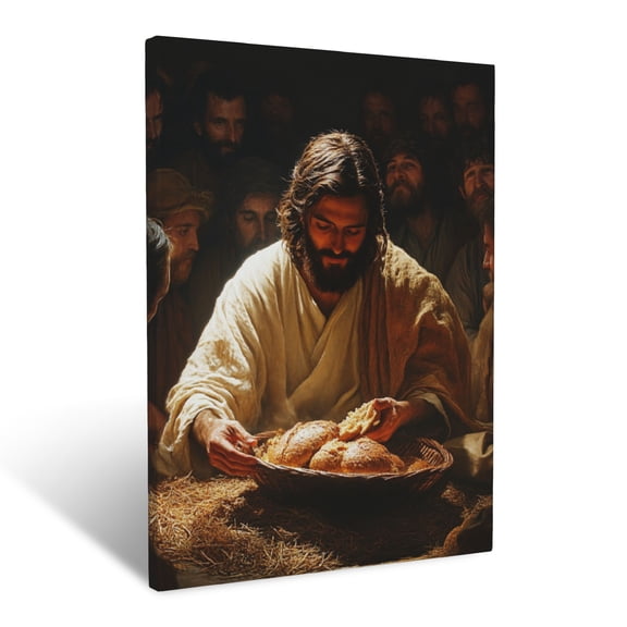 CozyNet Jesus Feeding The Hungry, Breaking Bread, Compassionate Expression, Warm Light Wall Art Prints With Frame Canvas Perfect for Living Room & Bedroom, Ready to Hang, Wall Decor 12"x16"