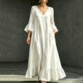 thumbnail image 2 of Women's V Neck Flowy Midi Dress, 3/4 Bell Sleeve Ruffle Hem Loose Casual Dress with Side Pockets, Boho Vacation Dress for Beach Daily Outfits White S(S), 2 of 9