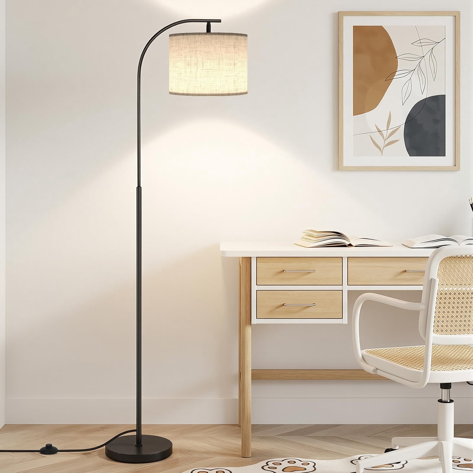 Beige Linen Shade Arc Dimmable Tall Standing Floor Lamp For Reading Living Room Bedroom Office