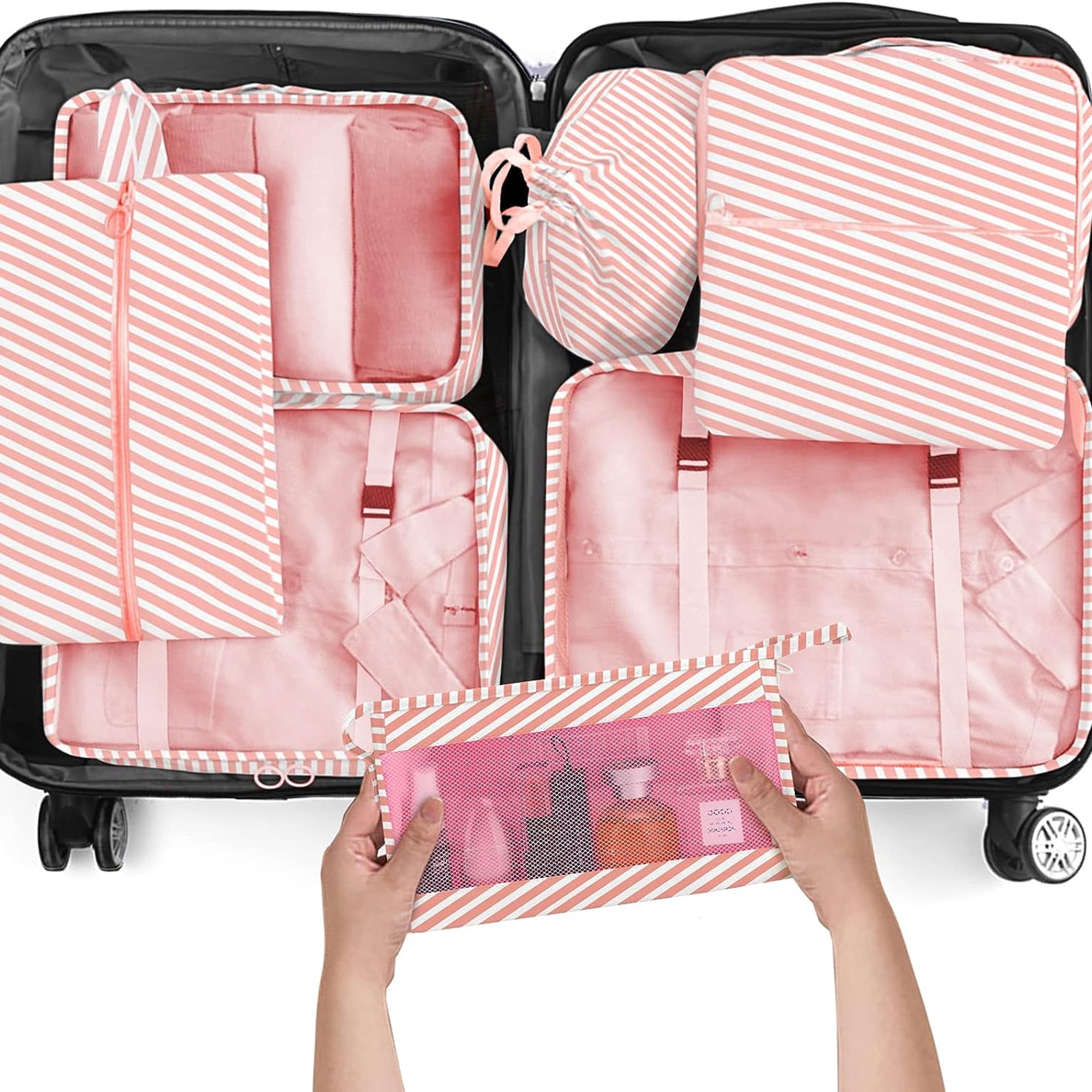 lEPECQ Packing Cubes for Travel, 8Pcs Travel Cubes Set Foldable Suitcase Organizer Lightweight Luggage Storage Bag, Pink