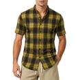 thumbnail image 5 of Xcmzpl Men's Banded Collar Plaid Shirt Short Sleeve Casual Button Down Shirts Vintage Color Block Stand Collar Tshirts Yellow L, 5 of 10