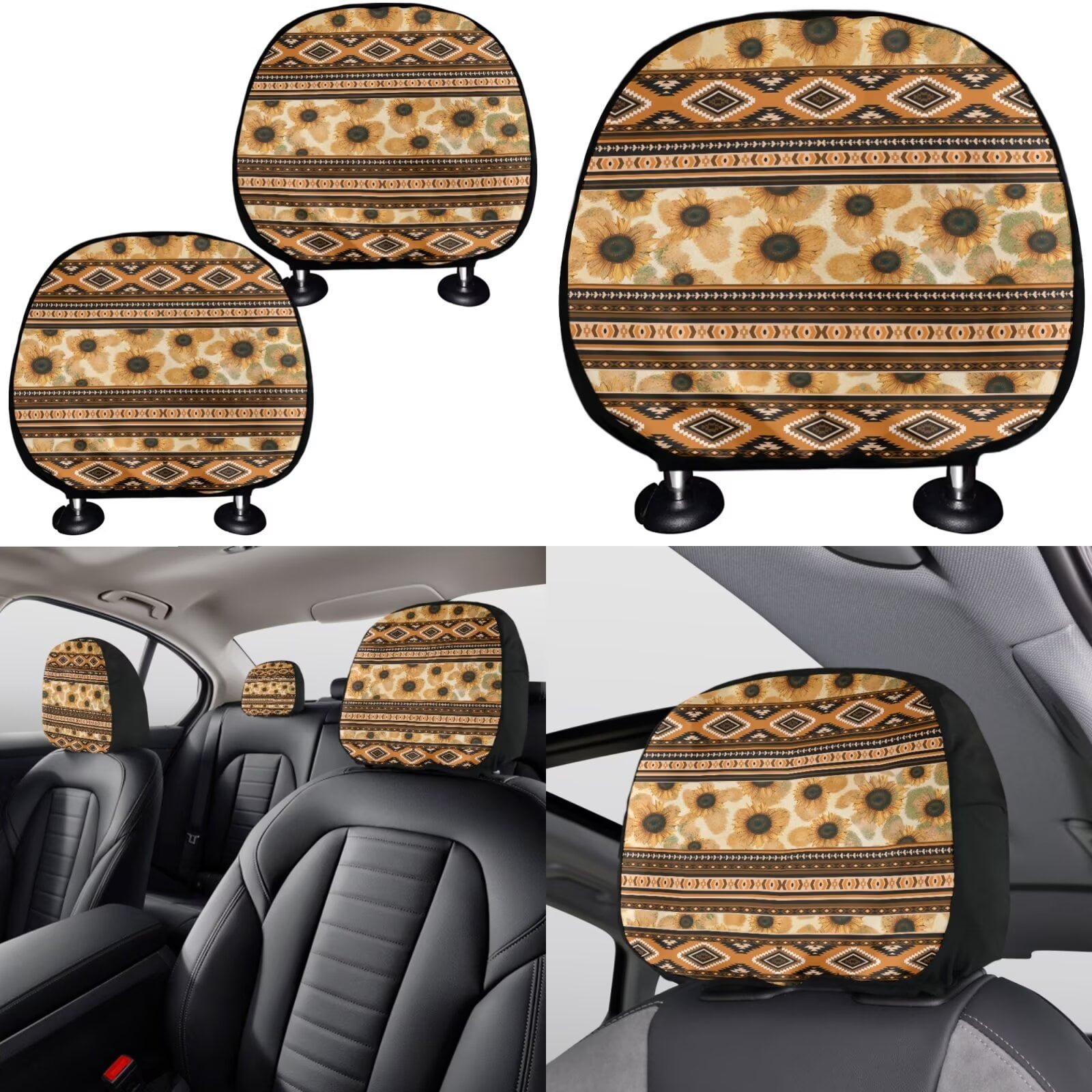 Garronmavis Aztec Sunflower Car Seat Covers Full Set for Interior Protection Decor Accessiores with Steering Wheel Wrap Gear Shift Cover Handbrake Sleeve Headrest Protectors Cup Coaster