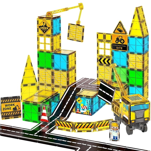 Magnetic Building Blocks Set with Crane Truck and Road Accessories, STEM Construction Toy for Kids Ages 3 , Educational Learning Toy for Boys Girls