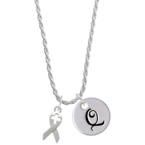Delight Jewelry Silvertone Ribbon with Cross Cutout Silvertone Script Initial Disc - Q - Charm Necklace, 20"+3"