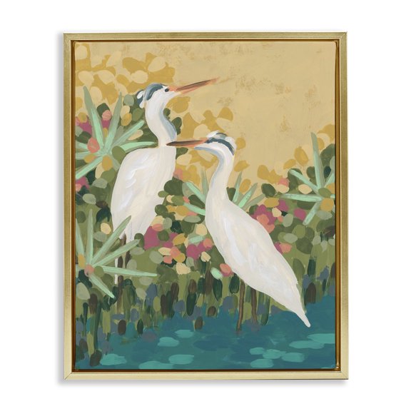 Stupell Industries Eclectic Modern Birds at Pond's Edge Gold Floating Frame Canvas Art, 17 x 21, by June Erica Vess