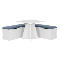 Linon Cleo 3 Pce Blue Upholstered Storage Nook Set & Square Table in White Wood