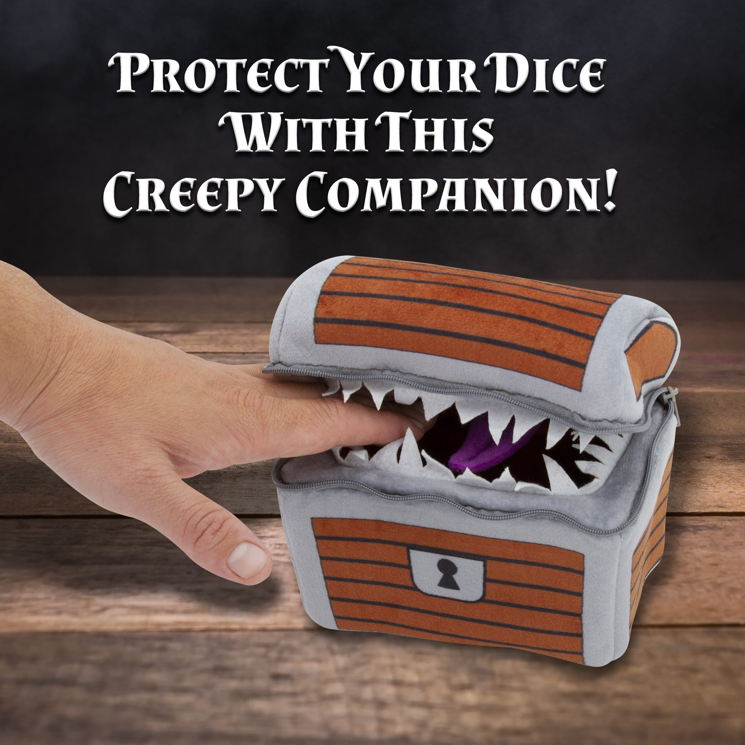 CASEMATIX Mimic Dice Chest with 7 RPG Dice - Plush DnD Mimic Chest Dice Holder