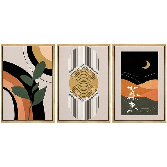 IDEA4WALL Framed Canvas Print Wall Art Set Mid-Century Geometric Plant Polygon Landscape Abstract Shapes Minimalism Boho Decorative for Home Decor - 16"x24"x3 Natural