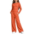 thumbnail image 2 of hotojiny Girls 2 Piece Outfit Long Sleeve Front Ruched Slim Fit Top Elastic Waist Wide Leg Pants Set Kids Fall Casual Clothes(Orange,7-8 Years), 2 of 6