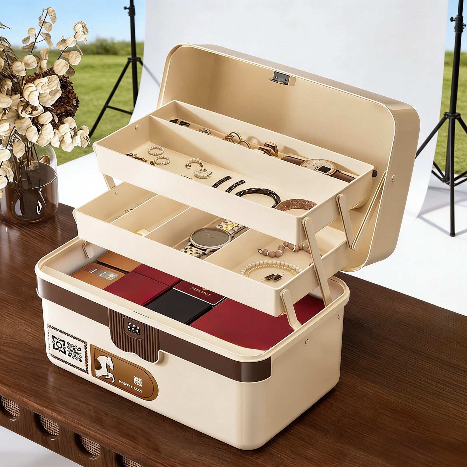 Portable Folding Craft Organizer with 3 and Lock Secure -Compartment Storage for Sewing Supplies and Tackle