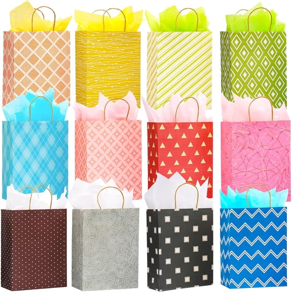 12 Pack 13" Large Kraft Paper Gift Bags Assortment with Tissue Paper & Handles, 12 Unique Solid & Geometric Pattern Designs for Birthdays, Anniversary, Father's Day, Holidays and Other Occasions