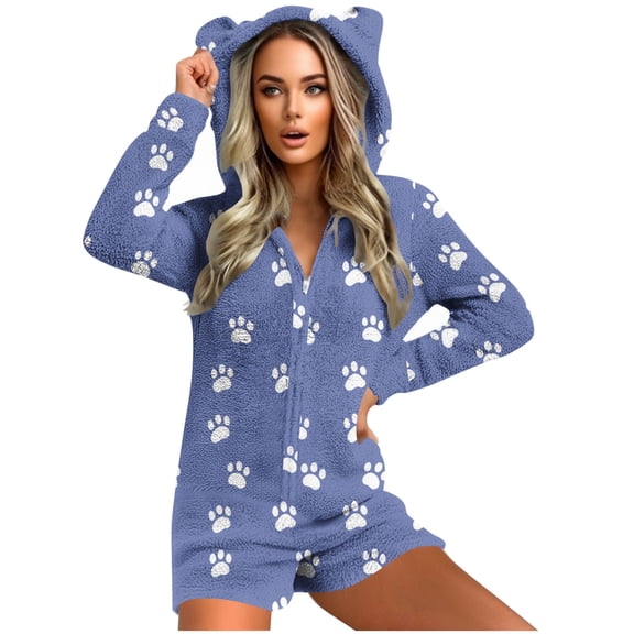 SYMOID Womens Blue Hooded Romper with Paw Print - Long Sleeve Short Bottom, 100% Polyester Soft Fleece-Like, Full Front Zipper for Loungewear/Sleepwear,Size 2XL