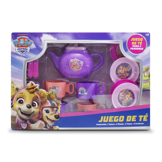 juego de te paw patrol, juego de cocina Morado set de té infantil con tetera morada, 4 tazas (morado y durazno), 4 platos rosas con personajes de Paw Patrol y 4 cucharas; caja con ventana frontal de la marca Andromedo Inc, apto para niñas y niños desde 3 años. Ideal también como juego de rol para sesiones de juego en grupo.