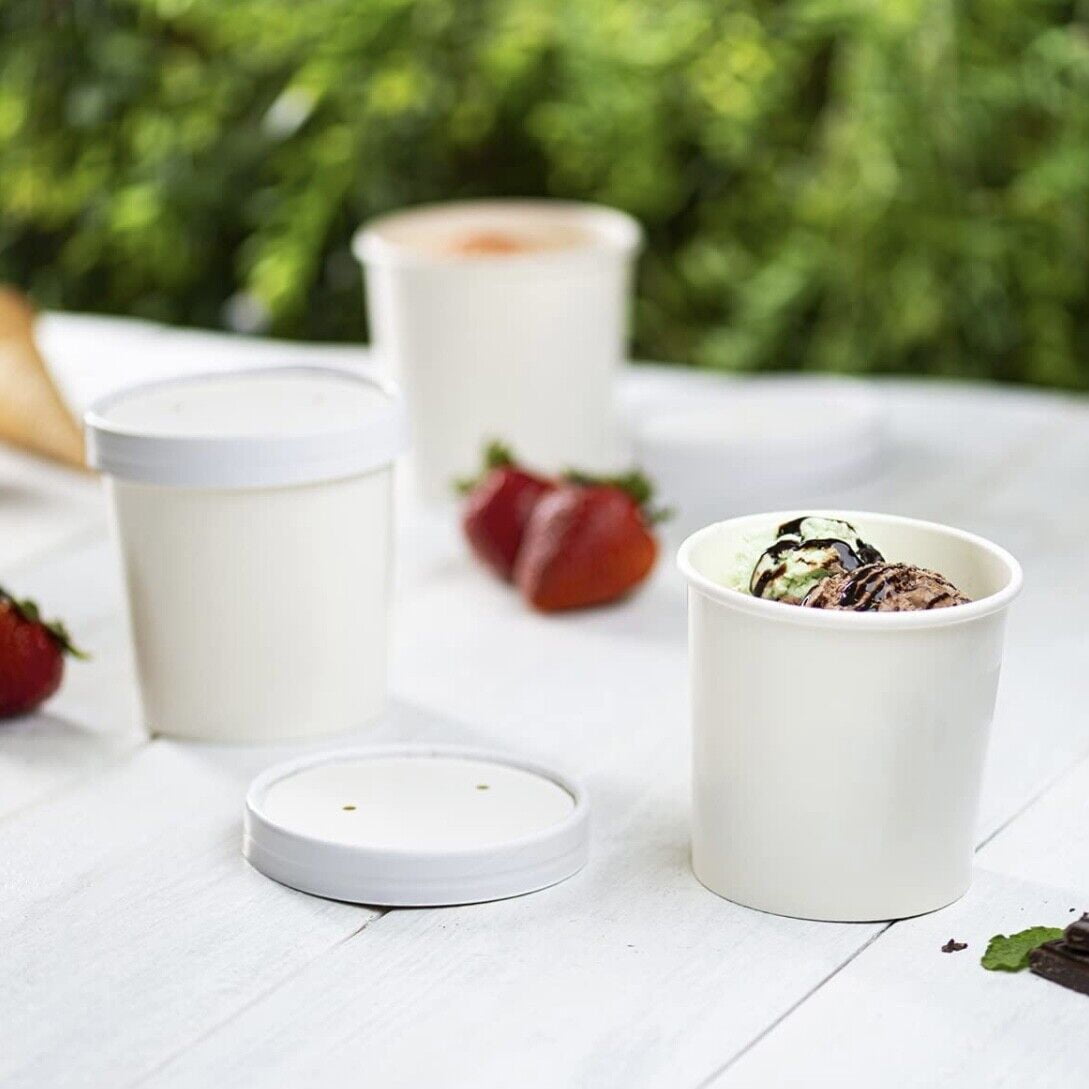 Kraft Paper Food Cup Disposable White Soup Container with Vented Lids Icecream