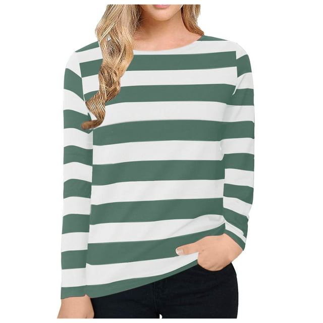 FAIWAD T-Shirt Rayé pour Femmes Tunique Décontractée à Manches Longues Hauts d'Automne Col Rond Tee-Shirt Ample Blouse Basique Grandes Tailles