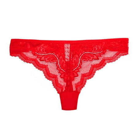 BYHONG Women s Sexy and Casual Solid Color Sexy Lace Thong Bowknot Panties T Back for All Seasons Women Panties Red L