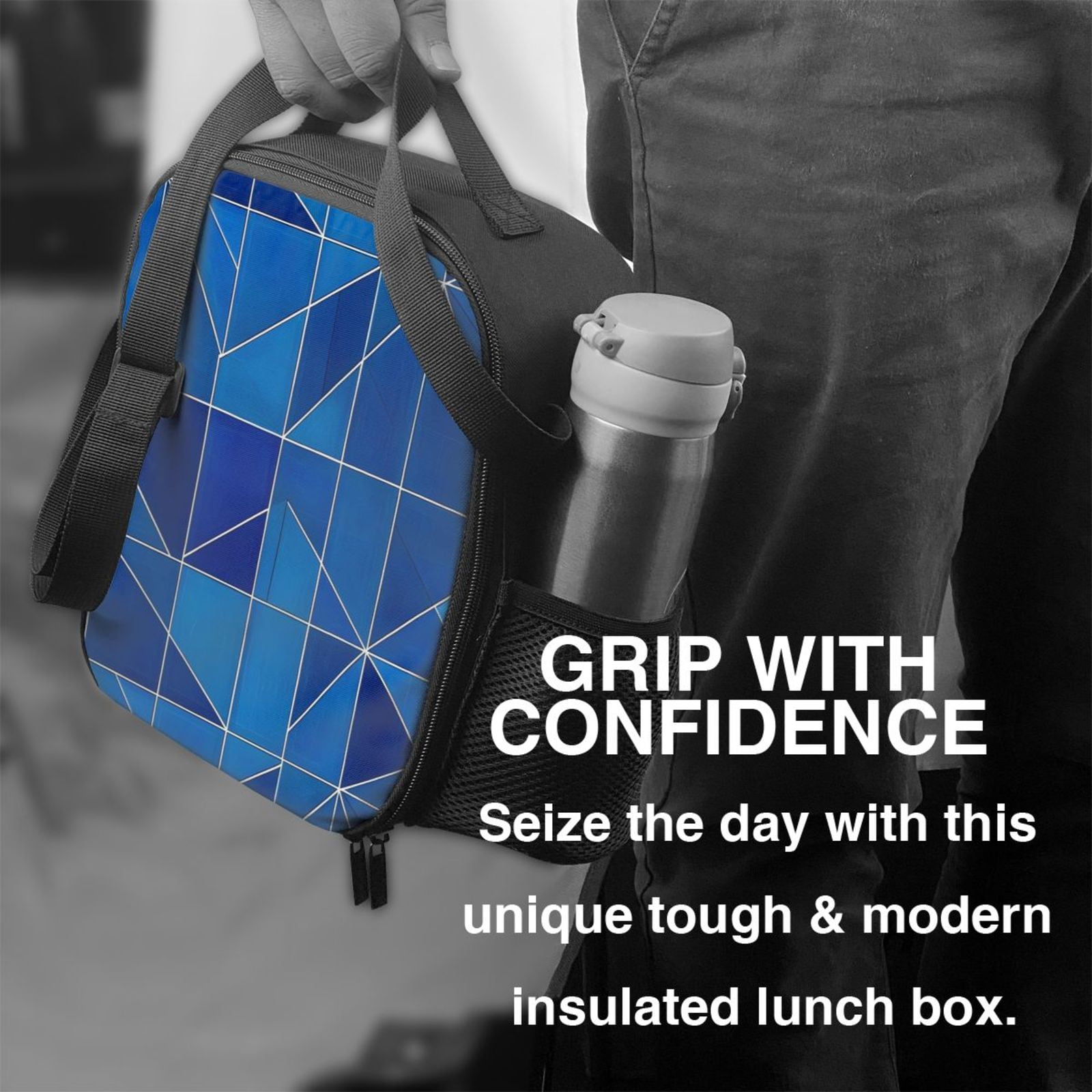 Thermal Insulation One Shoulder Portable Bento Bag Can Be Reused 8×10.5in For Carrying Drinks Bento Box Fruit Snacks Darkgray Geometric Patterns_3