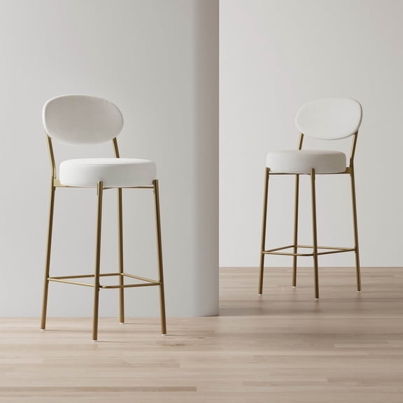 Dining Chairs Velvet Upholstered Round Counter Stool 29'' Set of 2 (Creamy White)