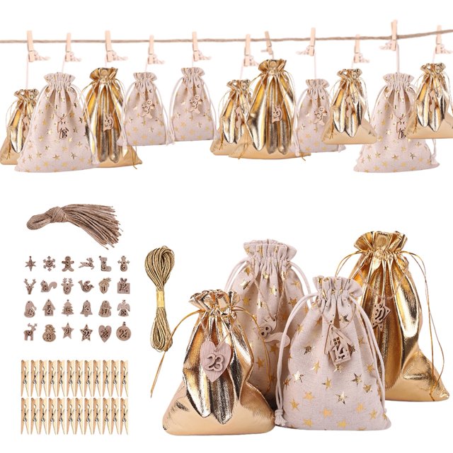 Bolsa de calendario de adviento de navidad, bolso de lino con cordón para colgar en la pared, con Clips, letrero de madera, cuenta regresiva de navidad, 24 unidades, 2022