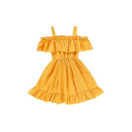 

Nokpsedcb Princess Toddler Kids Girls Dress Summer Solid Ruffle Off Shoulder Pleated A-Line Skirt Yellow 1-2 Years