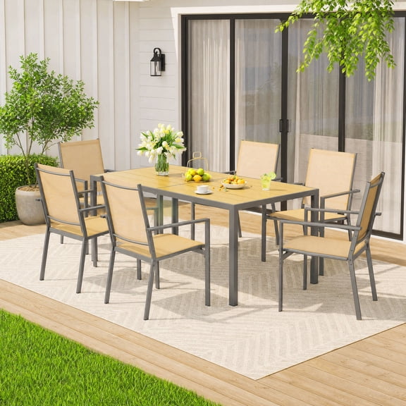 Patio Table and Chairs Set With Umbrella Hole, Asofer 7 Pieces Outdoor Dining Set, Stackable Textilene Chairs for Porch& Yard, Brown