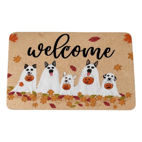 Welcome Ghost Dog Pumpkin Maple Leaf Halloween Front Door Mat Fall Season Entryway Decor Rug for Home Living Room Bedroom Patio