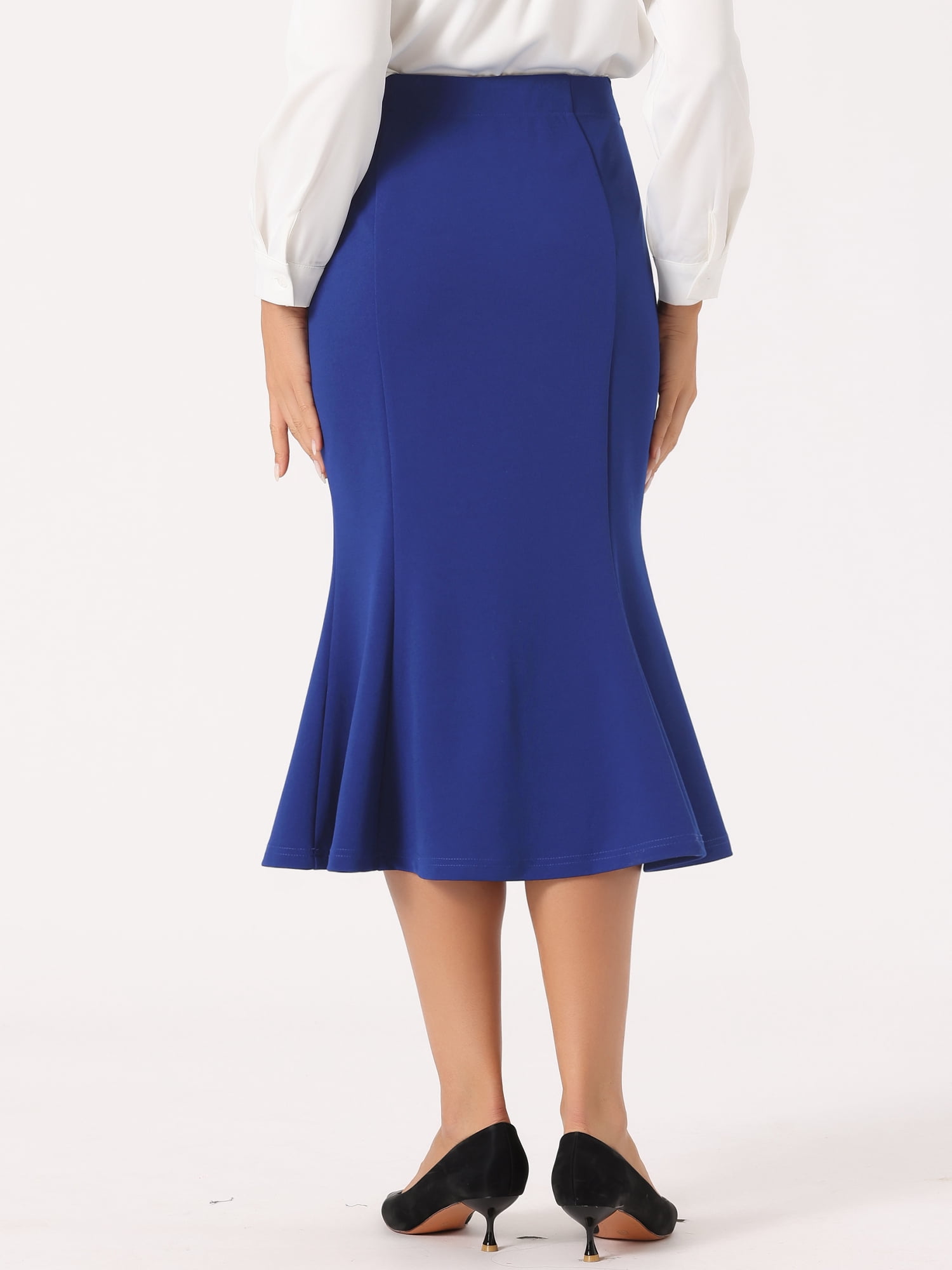 DARING DIVA Women's Bodycon High Waist Ruffle Hem Fishtail Midi Skirt L Royal Blue