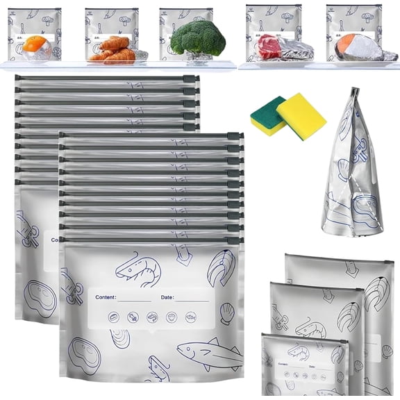 Reusable Aluminum Foil Sealable Storage Bags – 20/30/40 PCS with Leak-Proof Double Seal,Tear-Resistant Material,Wide Flat Bottom for Easy Fill & Stand-Up Storage,Perfect for Kitchen,Pantry