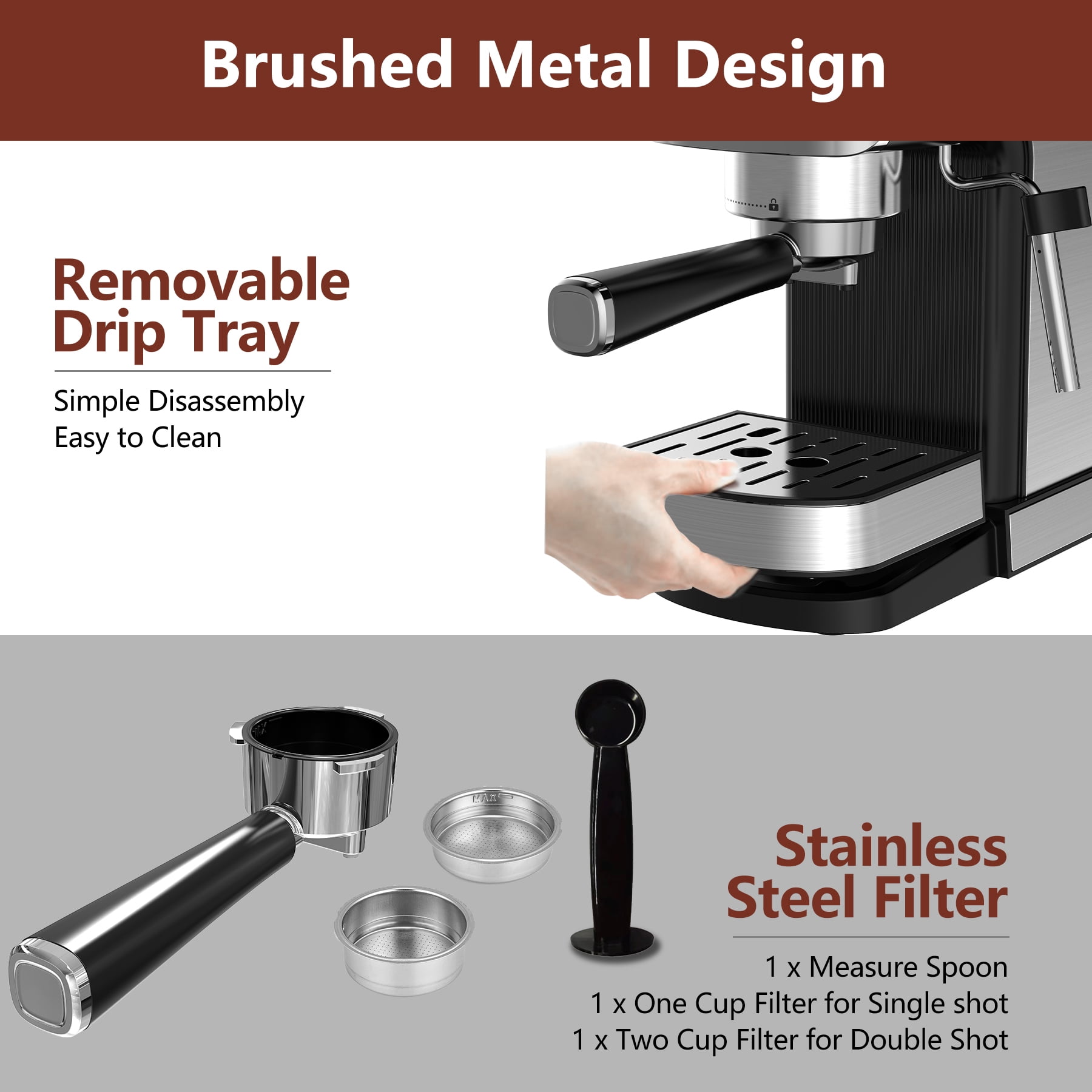 WHALL 20 Bar Espresso Machine & Coffee Maker – with Milk Frother Steam Wand, Stainless Steel Build & 40oz Water Tank