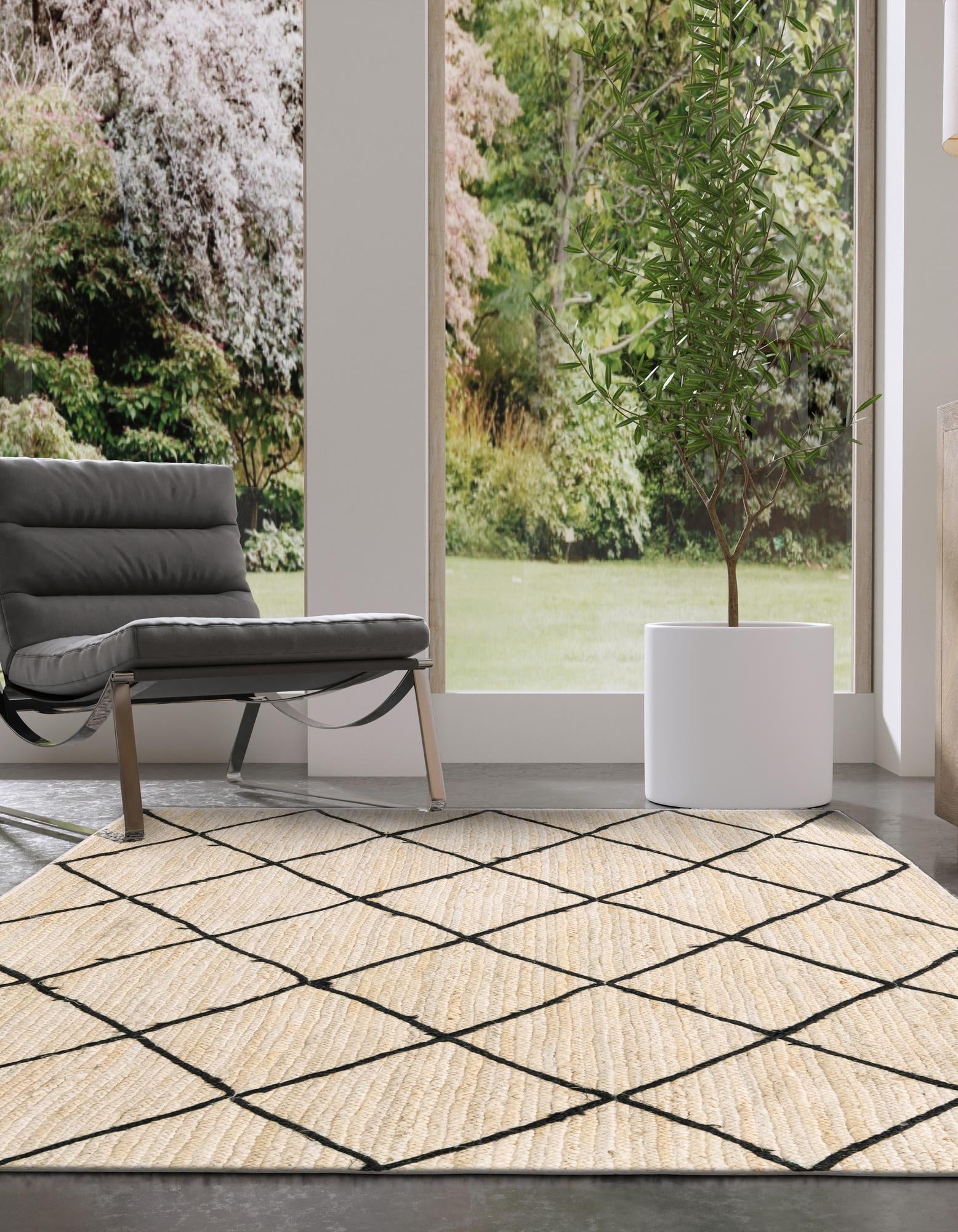 Unique Loom Braided Jute Collection Area Rug - Trellis (6' 1" x 9' Rectangle Ivory and Black/Black)