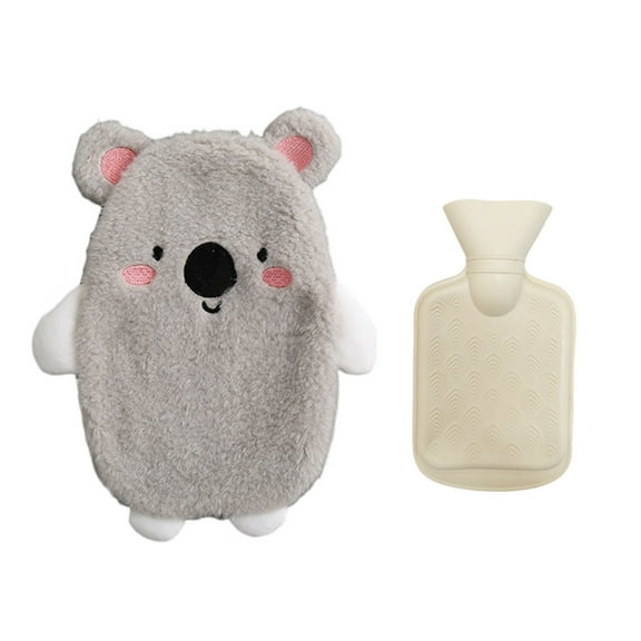 Cute Animal Hot Water Bag Dual Side Insertion Position Hand Warmer Winter Plush Hot Water Bag with Plush Cover for Pain Relief Grey