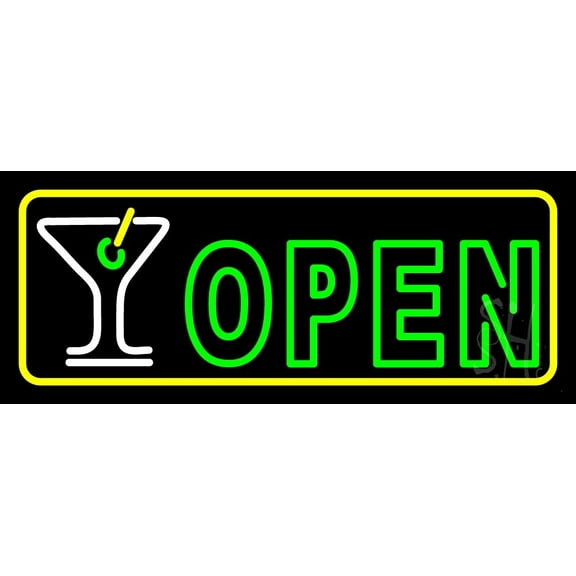 Martini Glass Open With Yellow Border LED Neon Sign 10 x 24 - inches, Clear Edge Cut Acrylic Backing, with Dimmer - Bright and Premium built indoor LED Neon Sign for Bar decor.
