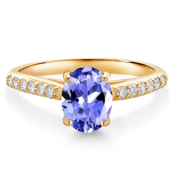 Gem Stone King 10K Yellow Gold Blue Tanzanite and White Lab Grown Diamond Engagement Ring for Women (1.34 Cttw, Oval 8X6MM, Gemstone December Birthstone, Size 7)