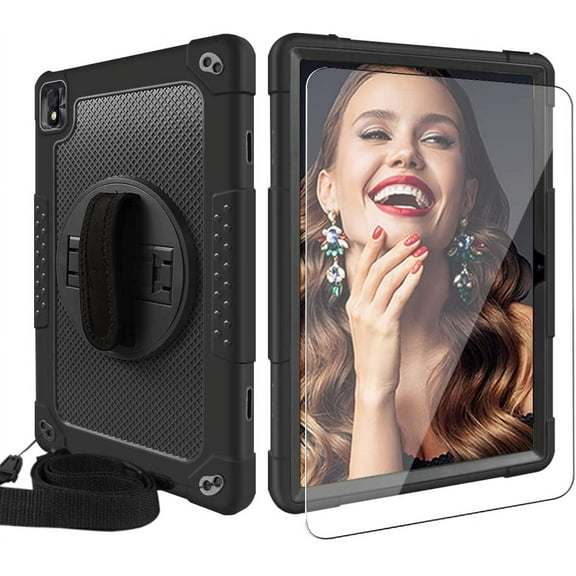 SOATUTO for Nokia T20 10.36 inch Tablet Case with Tempered Glass Screen Protector Kickstand / Shoulder Hand Strap Hybrid Kids Friendly Case for Nokia T20 TA-1392 TA-1394 TA-1397 (Black Black/1 Pcs)