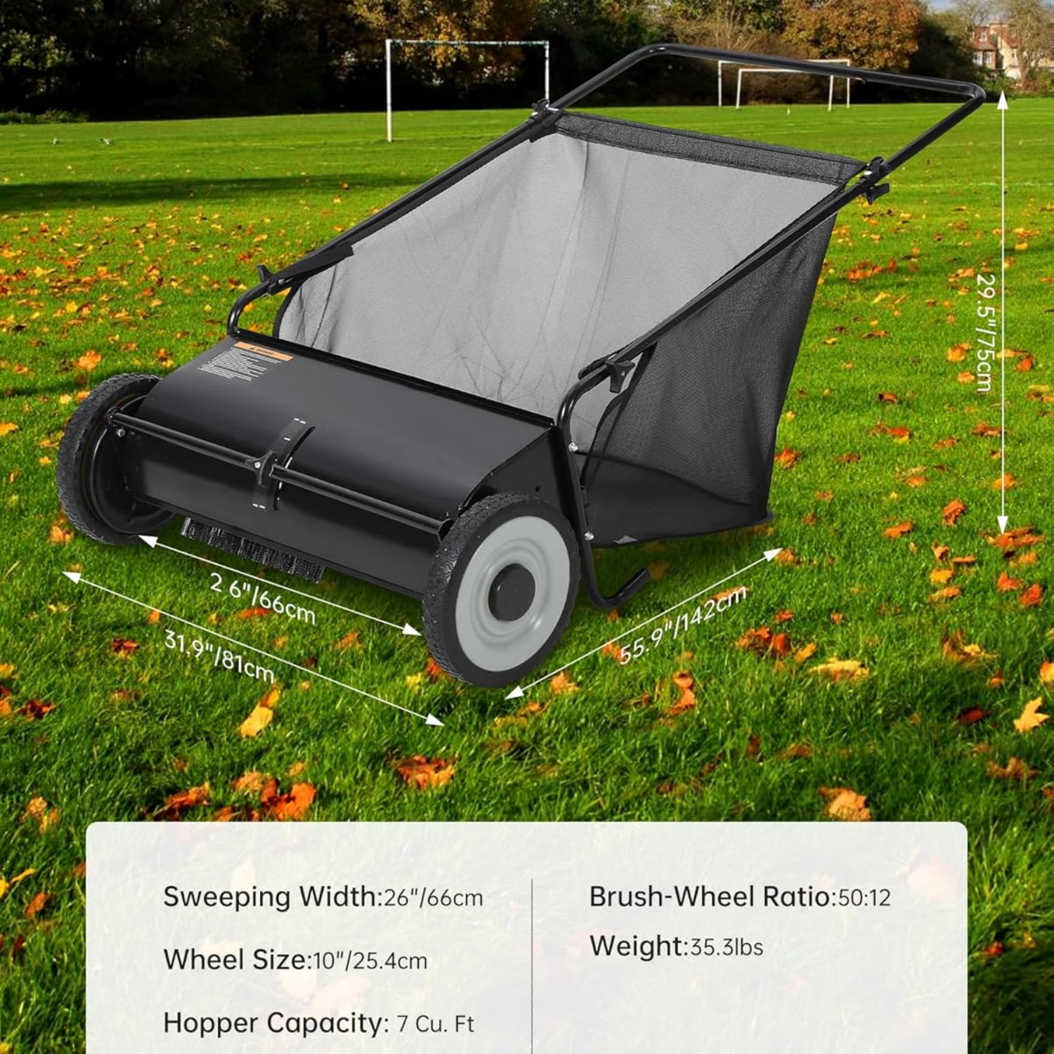 Riedhoff 26" Push Lawn Sweeper,4 Spinning Brushes, 7 Cu. Ft Capacity Collection Bag, Adjustable Height, Black
