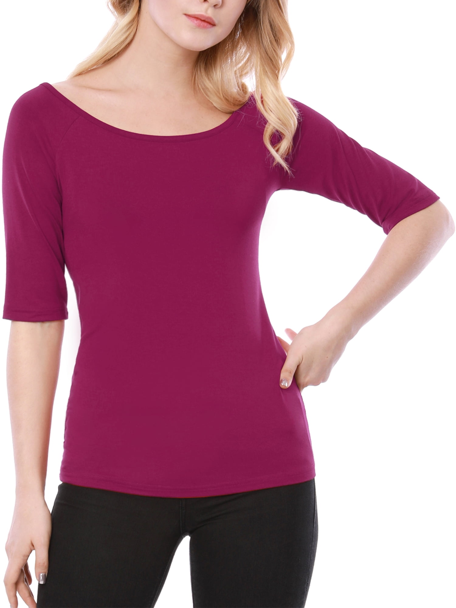 DARING DIVA Women's Slim Fit Pullover Boat Neck Stretchable T-Shirt XS Fuchsia