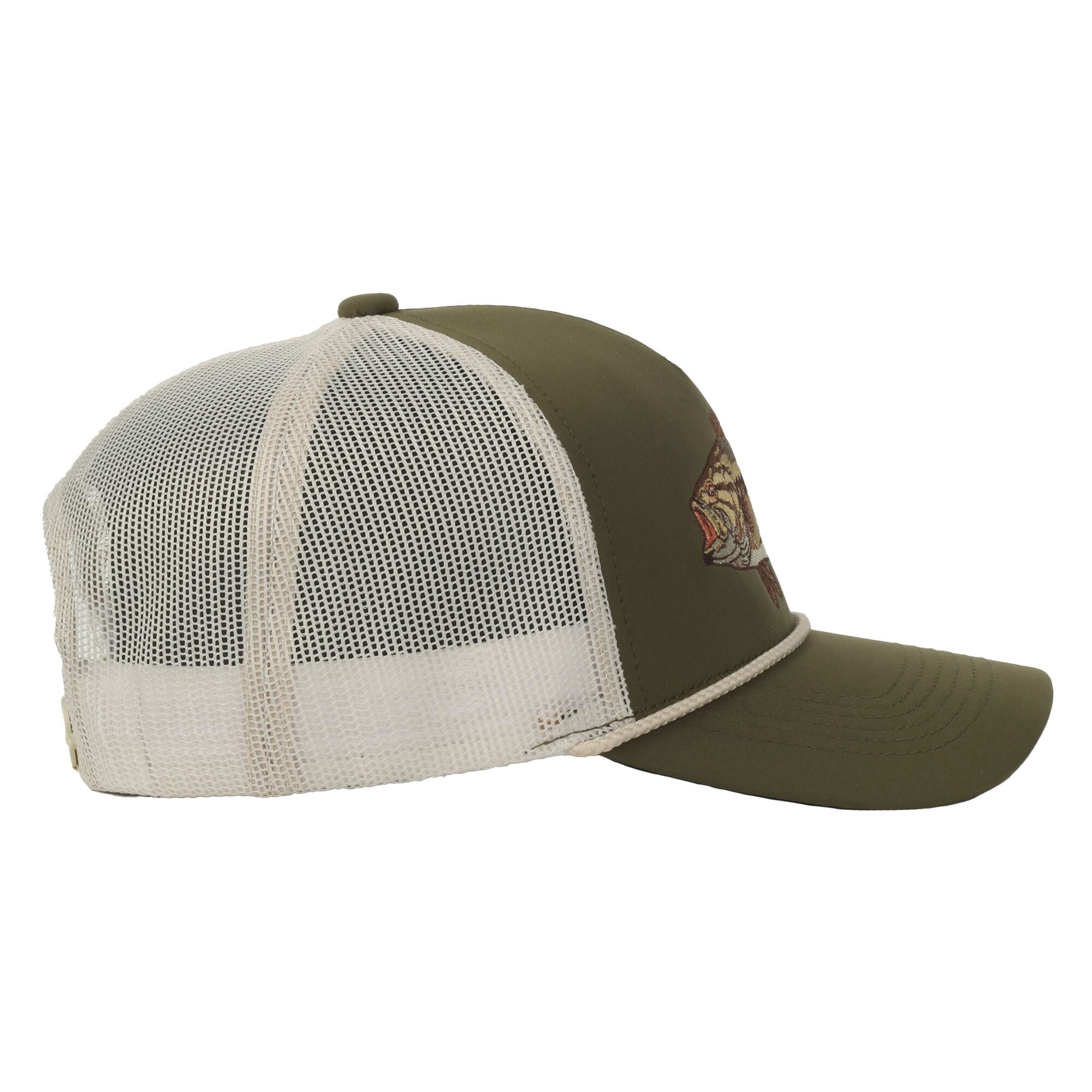 Olive/Putty Bass 5-Panel Fishing Cap – Structured, Embroidered, Snapback, One Size