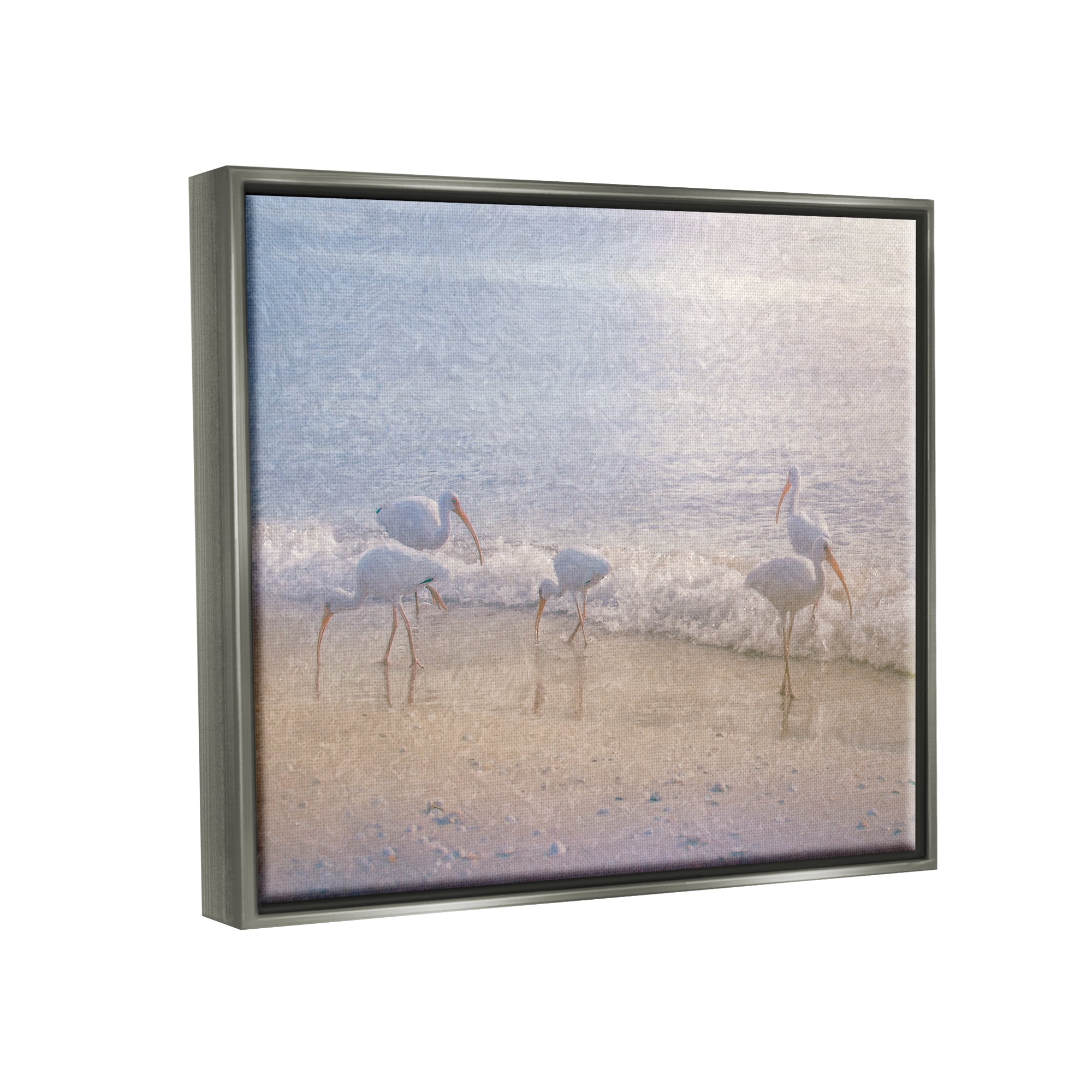 Stupell Seaside Waves Bird Flock Grazing Landscape Painting Gray Floater Framed Art Print Wall Art