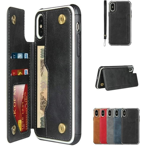 iPhone X Wallet Leather Case with Wrist Strap, Sailortech iPhone Xs Premium PU Leather Kickstand & Card Slots, Double