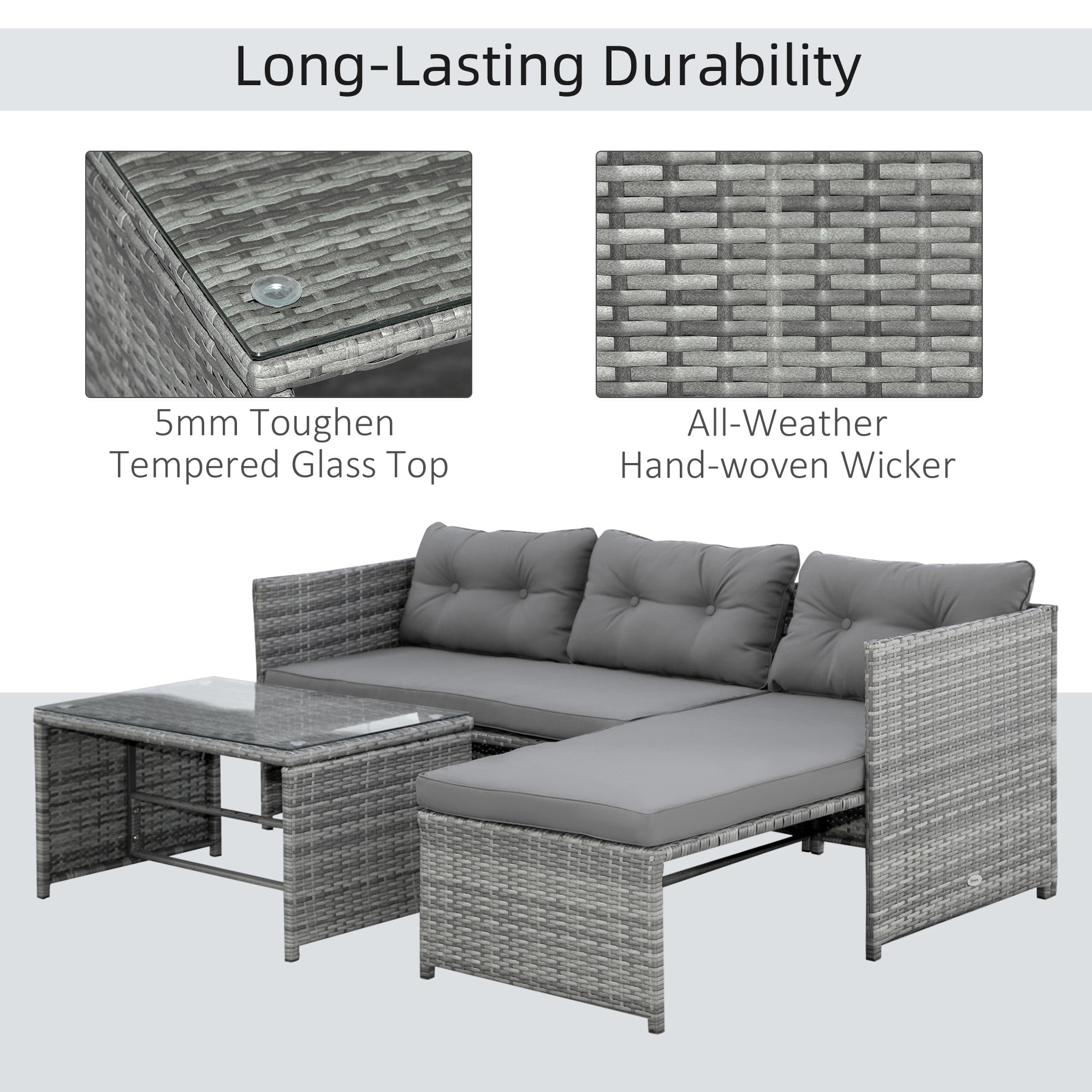 Outsunny 3 Piece Patio Furniture Set, Rattan Outdoor Sofa Set with Chaise Lounge & Loveseat, Soft Cushions, Tempered Glass Table, L-Shaped Sectional Couch, Charcoal