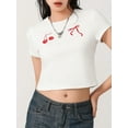 thumbnail image 5 of Yunliwuli Women Crop Basic T-Shirts Summer Bow/Fruit Print Short Sleeve Tops Casual Pullovers for Streetwear Aesthetic Clothes, 5 of 10