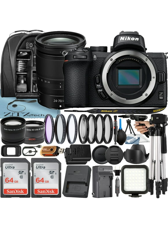 Nikon Z50 Mirrorless Camera with NIKKOR Z 24-70mm f/4 S Lens + 2 Pack 64GB SanDisk Card + Case + Tripod + ZeeTech Accessory Bundle