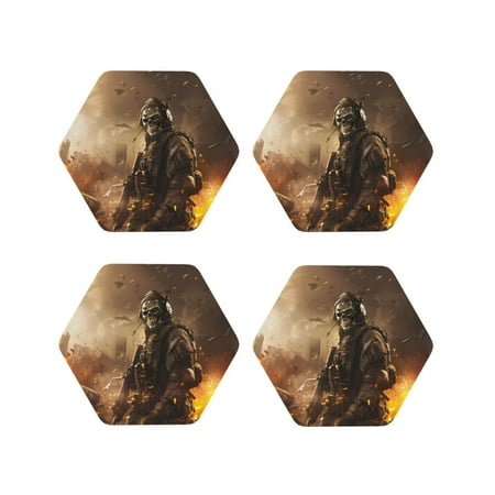 

Coasters Set of 4 - Apocalyptic Skull Soldier Drink Coasters for Tabletop Protection Leather Coasters for Living Room Decor and Housewarming Gift Hexagon