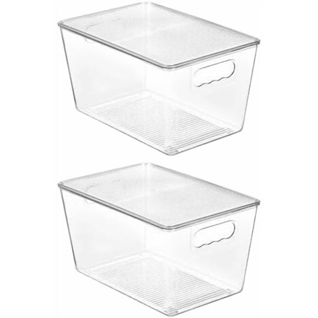 2 Pack Clear Stackable Storage Bins with Lids Large Plastic Containers with Handle for Pantry Organizer and Storage Perfect for Bathroom Cabinet Kitchen Fridge Closet Organization