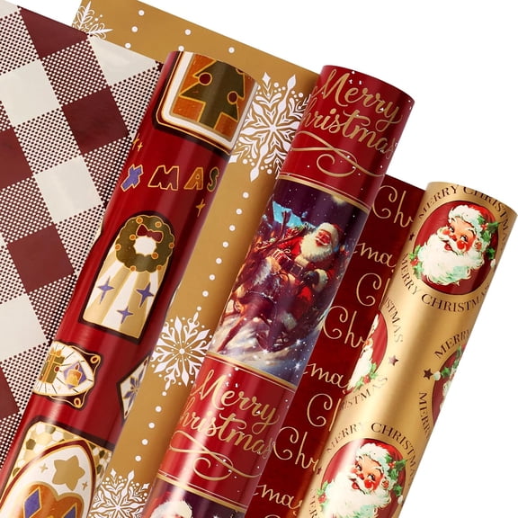 NeoMart-Vintage Santa Christmas Wrapping Paper 3 Rolls Set,Red Burgundy Retro Kids Heavy Duty Premium Traditional Gift Wrap,Cute from North Pole,Matte Gold Snowflake Plaid Reversible,Total 48.6sq.ft
