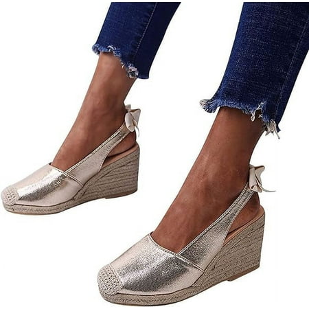 

ZBCHLS Espadrille Wedge Sandals for Women Dressy Summer Fashion Closed Toe Serpentine Bow Tie Slingback High Heel Sandals Comfy Outdoor Ladies Shoes