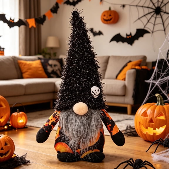 Halloween Gnome Plush with Skull, 12.6 Inch Sparkly Black Hat Faceless Doll Decor, Spooky Orange & Black Holiday Figurine for Shelf Mantel Tabletop Display