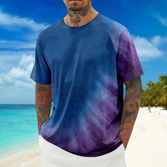 BUWTTED Mens Shirts Tie Dye Print Short Sleeve Loose Casual Breathable Crew Neck Tees Summer Beach Hawaiian Purple Shirt L